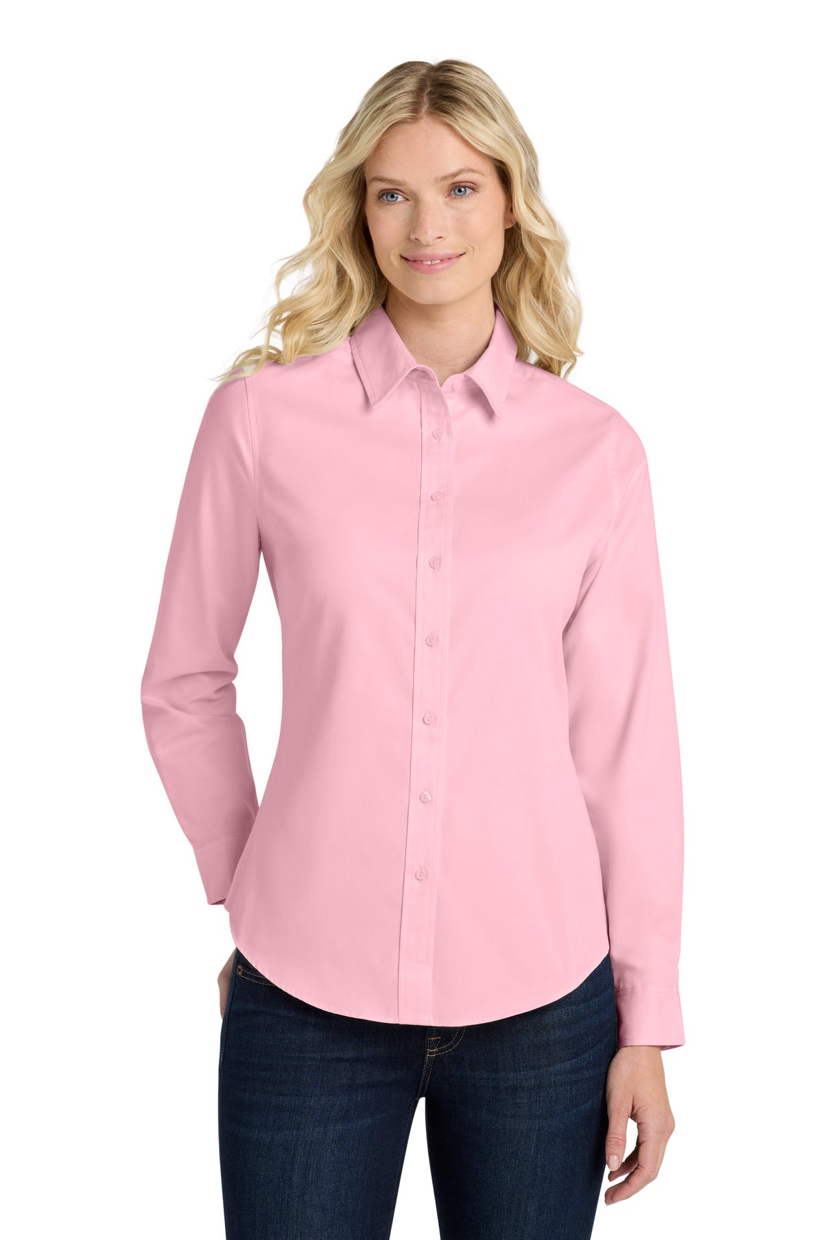 Front View of Light Pink Port Authority Women's Long Sleeve Easy Care Shirt. L608