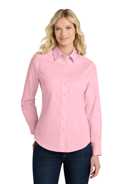 Front View of Light Pink Port Authority Women's Long Sleeve Easy Care Shirt. L608