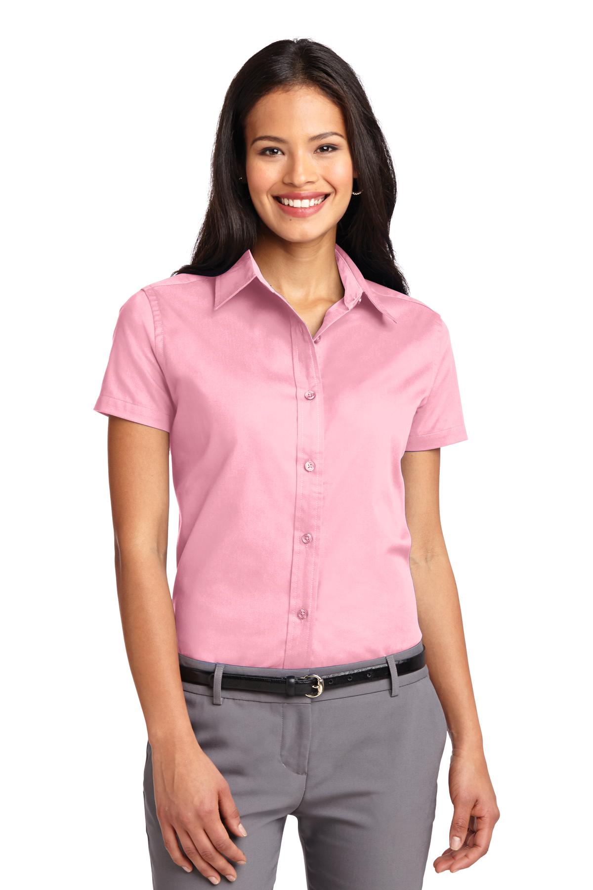 Front View of Light Pink Port Authority Women's Short Sleeve Easy Care Shirt. L508