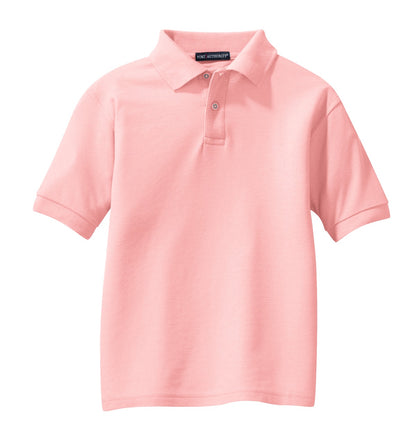 Front View of Light Pink Port Authority Youth Silk Touch Polo. Y500