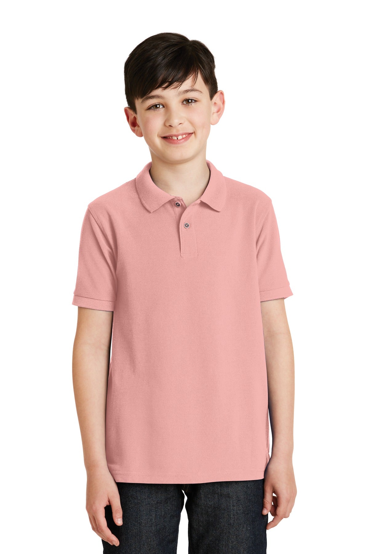 Front View of Light Pink Port Authority Youth Silk Touch Polo. Y500