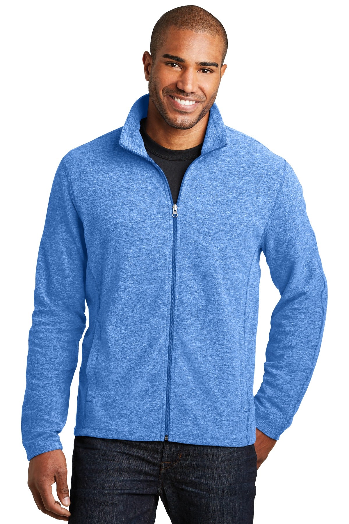 Front View of Light Royal He Port Authority Heather Microfleece Full-Zip Jacket. F235