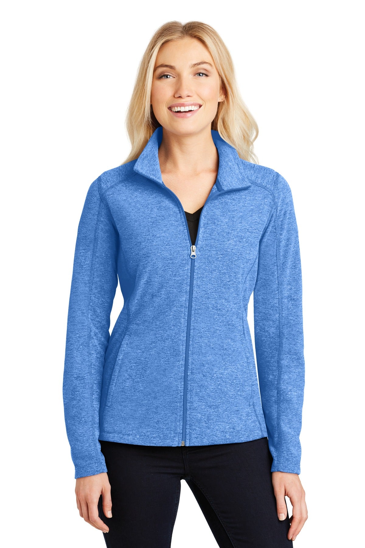 Front View of Light Royal He Port Authority Women's Heather Microfleece Full-Zip Jacket. L235