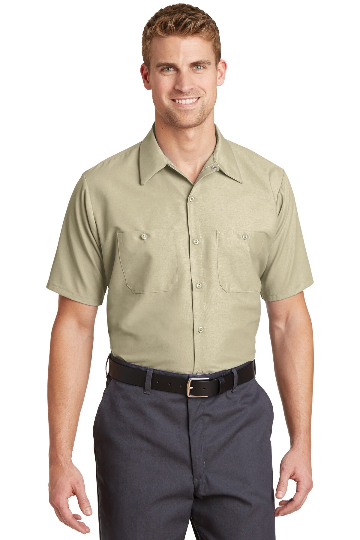 Front View of Light Tan Red Kap Long Size, Short Sleeve Industrial Work Shirt. SP24LONG
