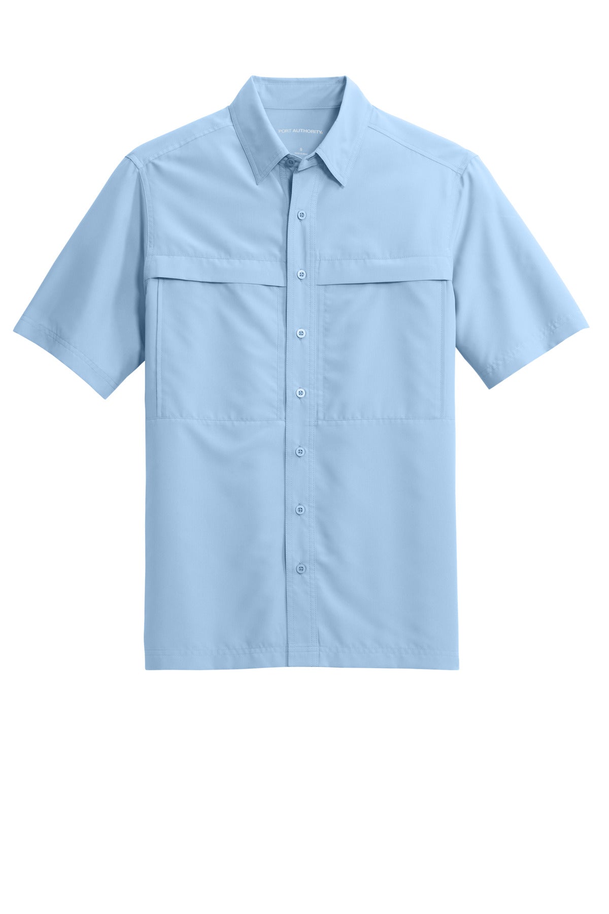 Front View of LightBlue Port Authority Short Sleeve UV Daybreak Shirt W961