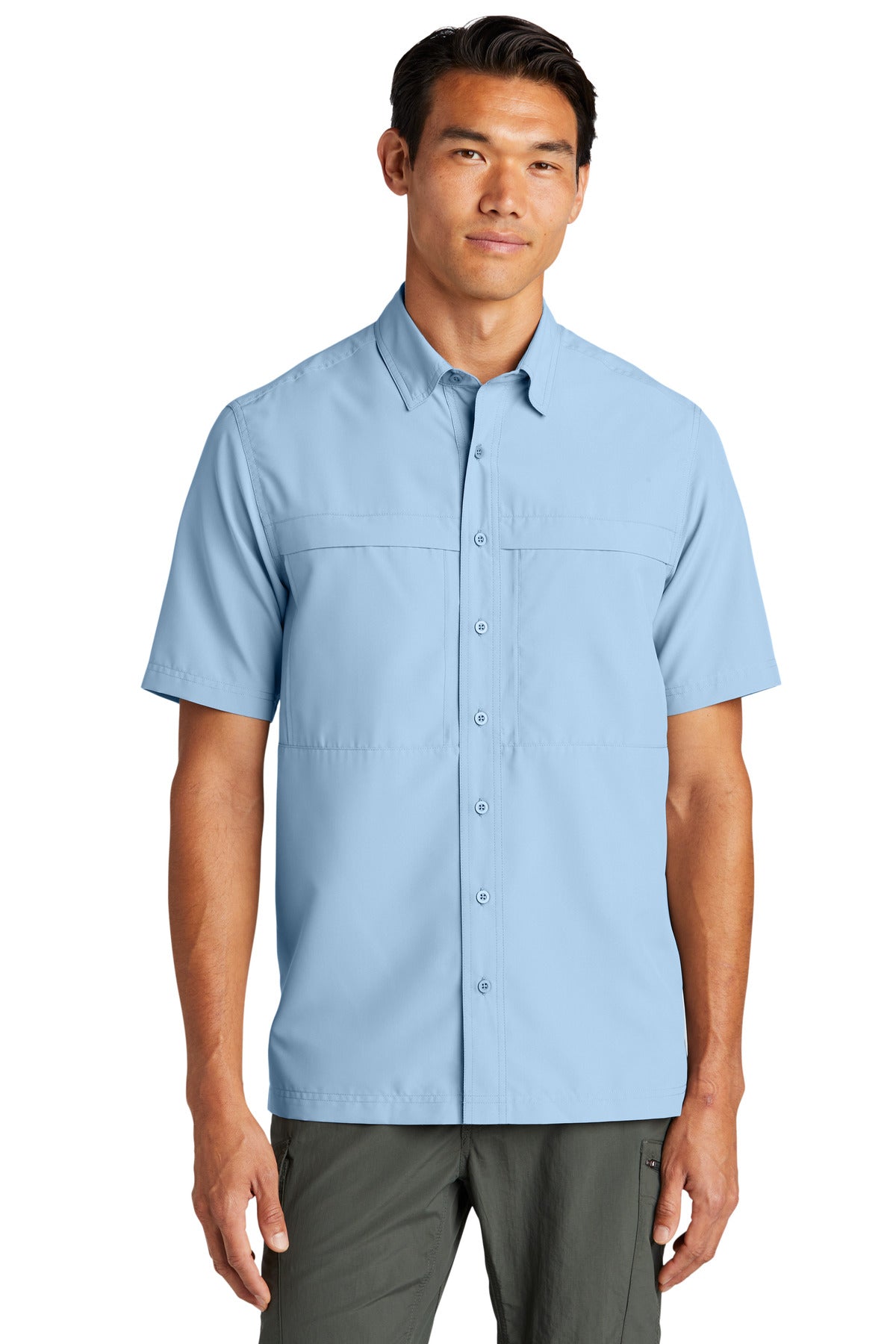 Front View of LightBlue Port Authority Short Sleeve UV Daybreak Shirt W961