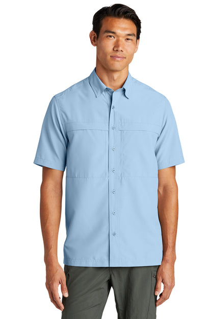 Front View of LightBlue Port Authority Short Sleeve UV Daybreak Shirt W961