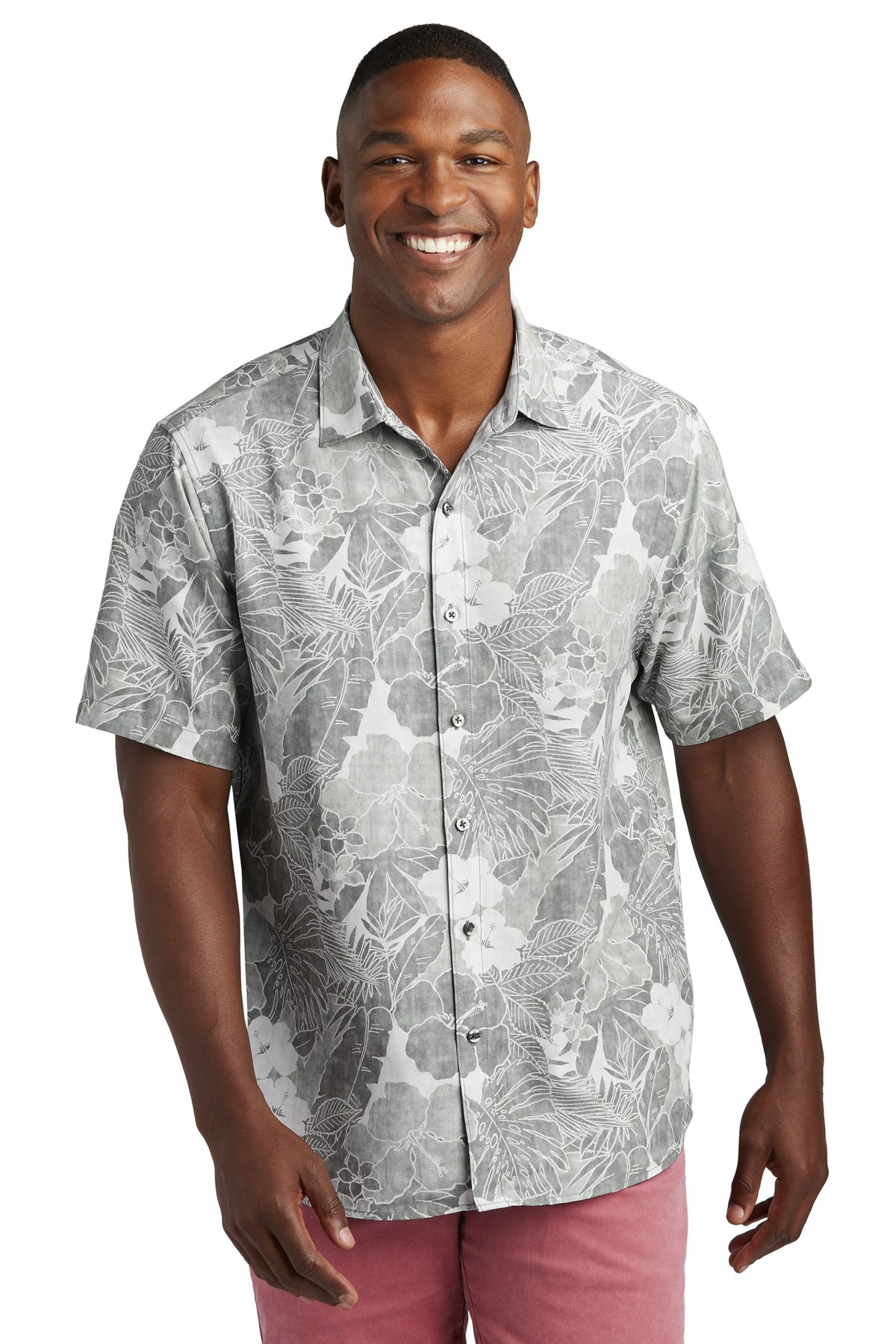 Front View of LightGrey Tommy Bahama Coconut Point Playa Flora Short Sleeve Shirt ST325929TB