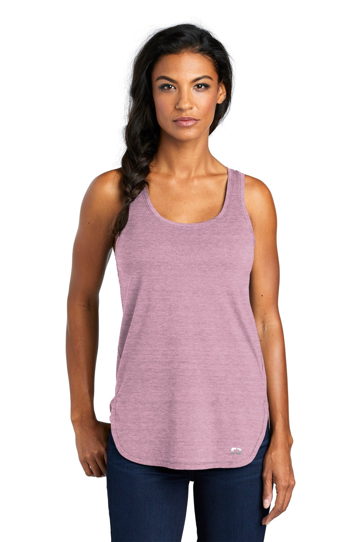 Front View of Lilac Hthr OGIO Women's Luuma Tank. LOG801