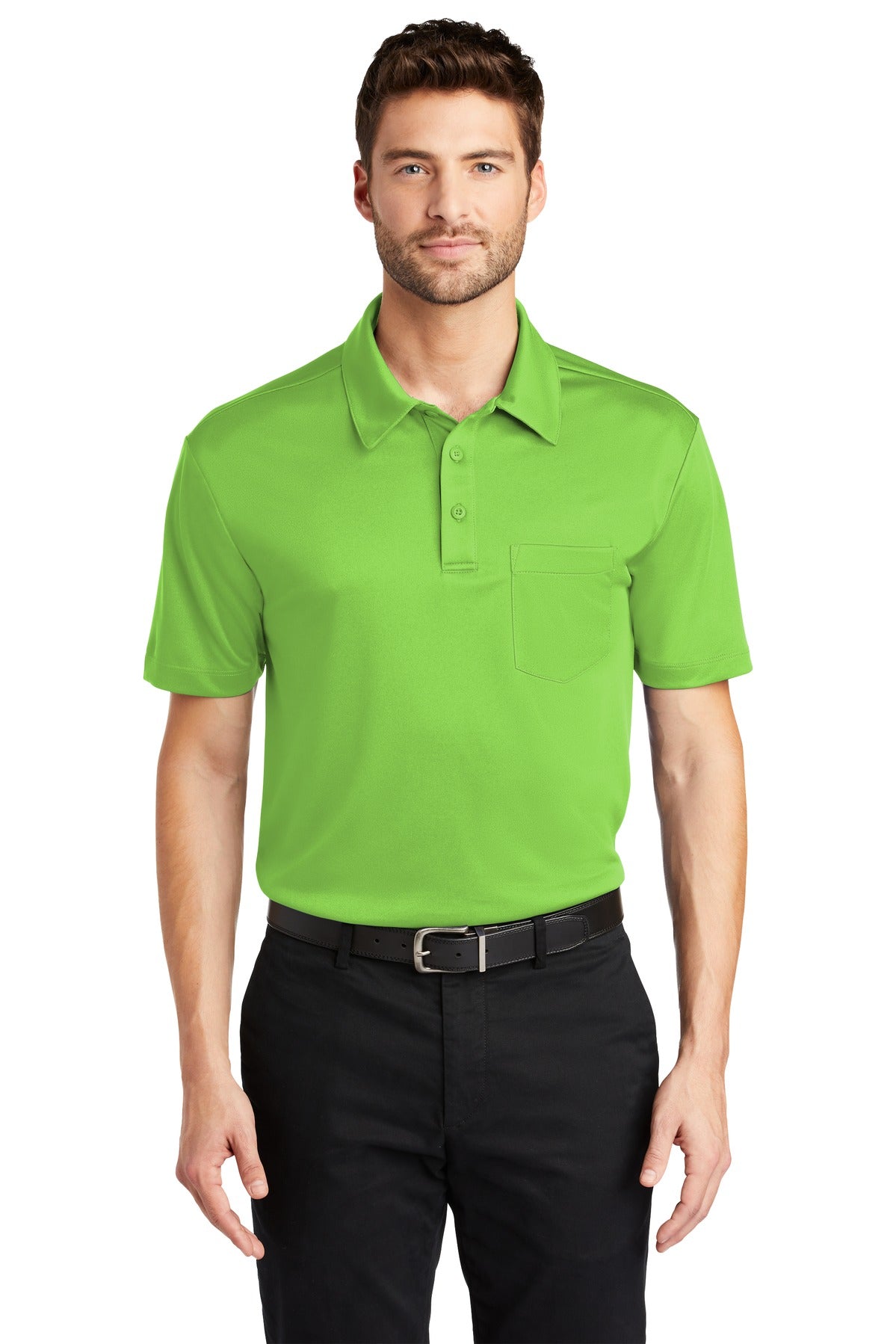 Front View of Lime Port Authority Silk Touch Performance Pocket Polo. K540P