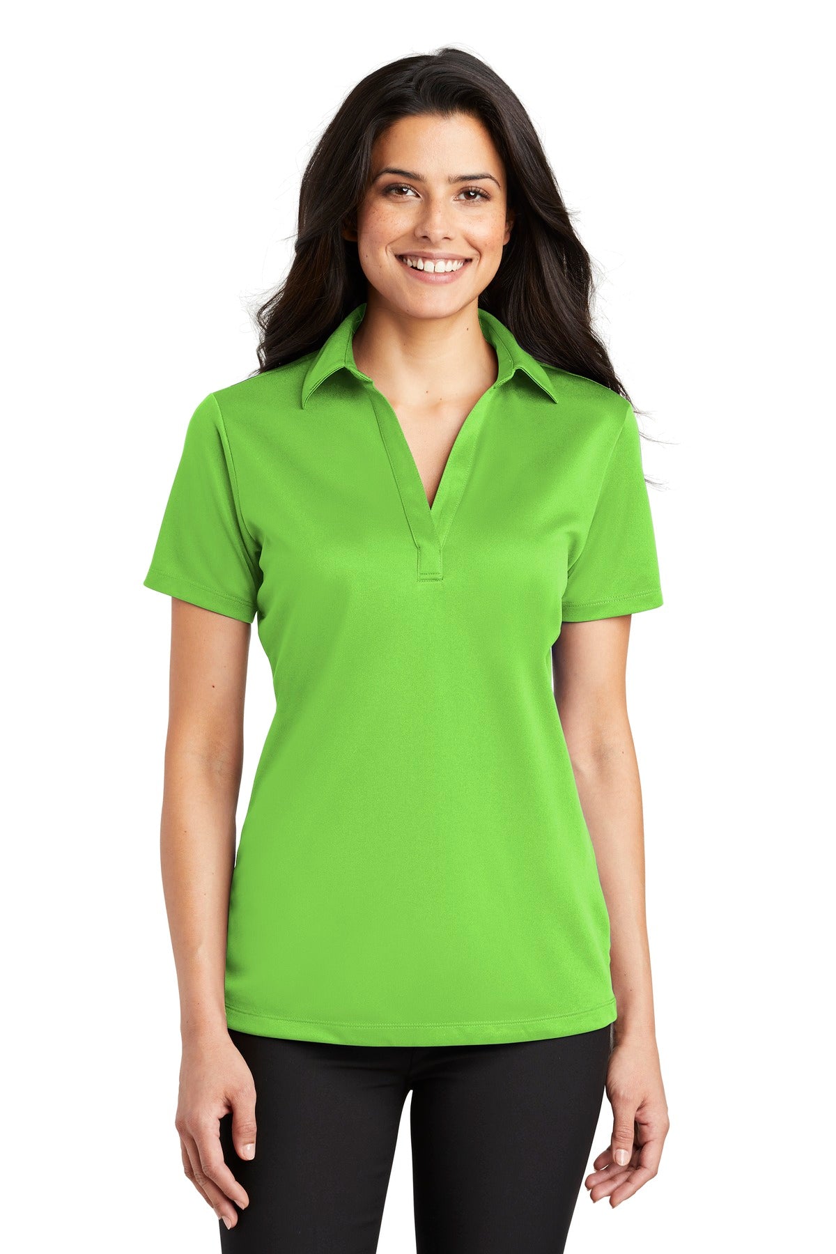 Front View of Lime Port Authority Women's Silk Touch Performance Polo. L540