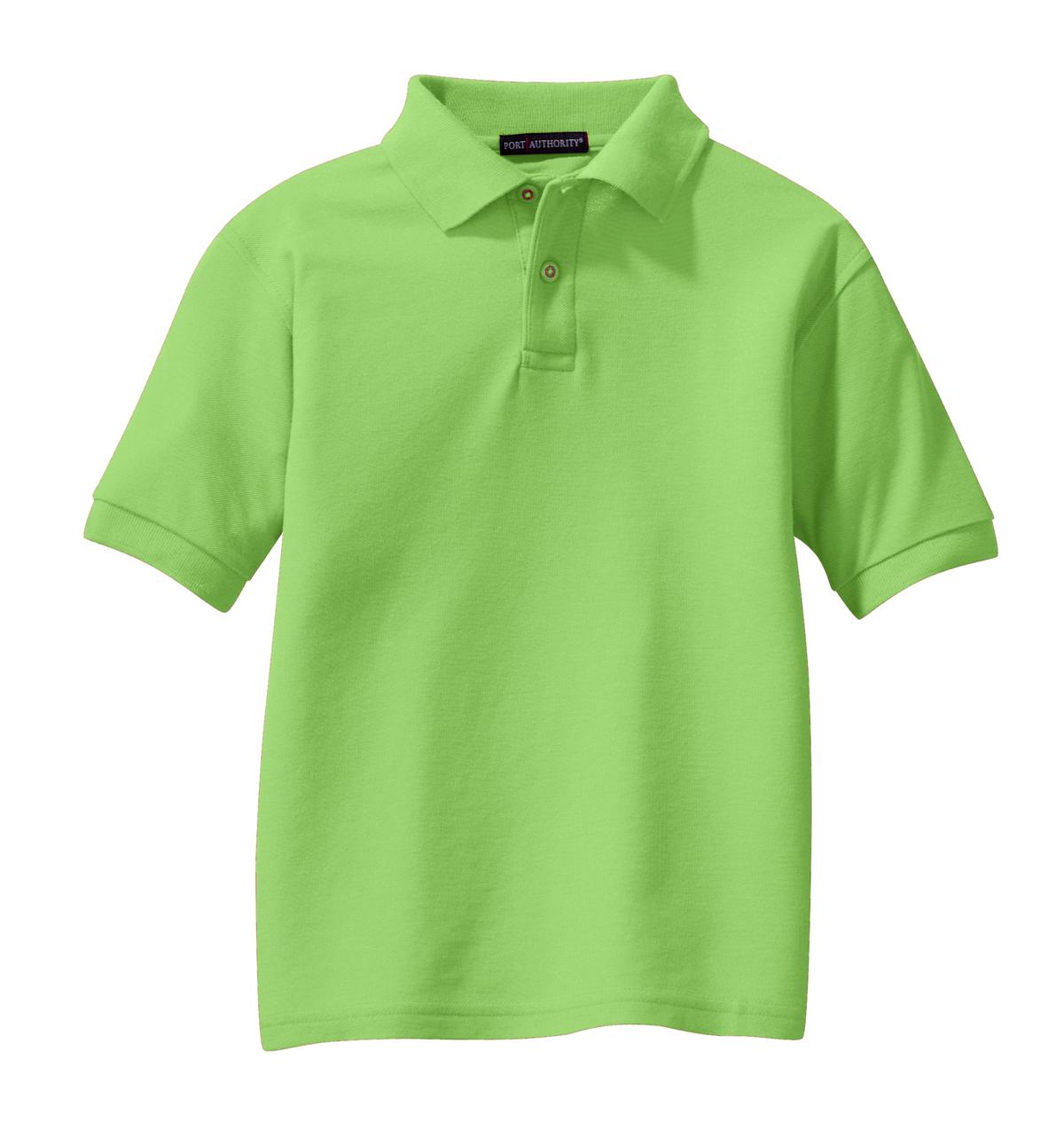 Front View of Lime Port Authority Youth Silk Touch Polo. Y500