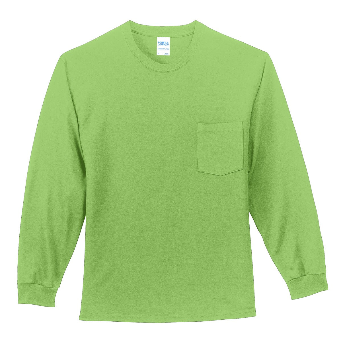 Front View of Lime Port & Company Tall Long Sleeve Essential Pocket Tee. PC61LSPT