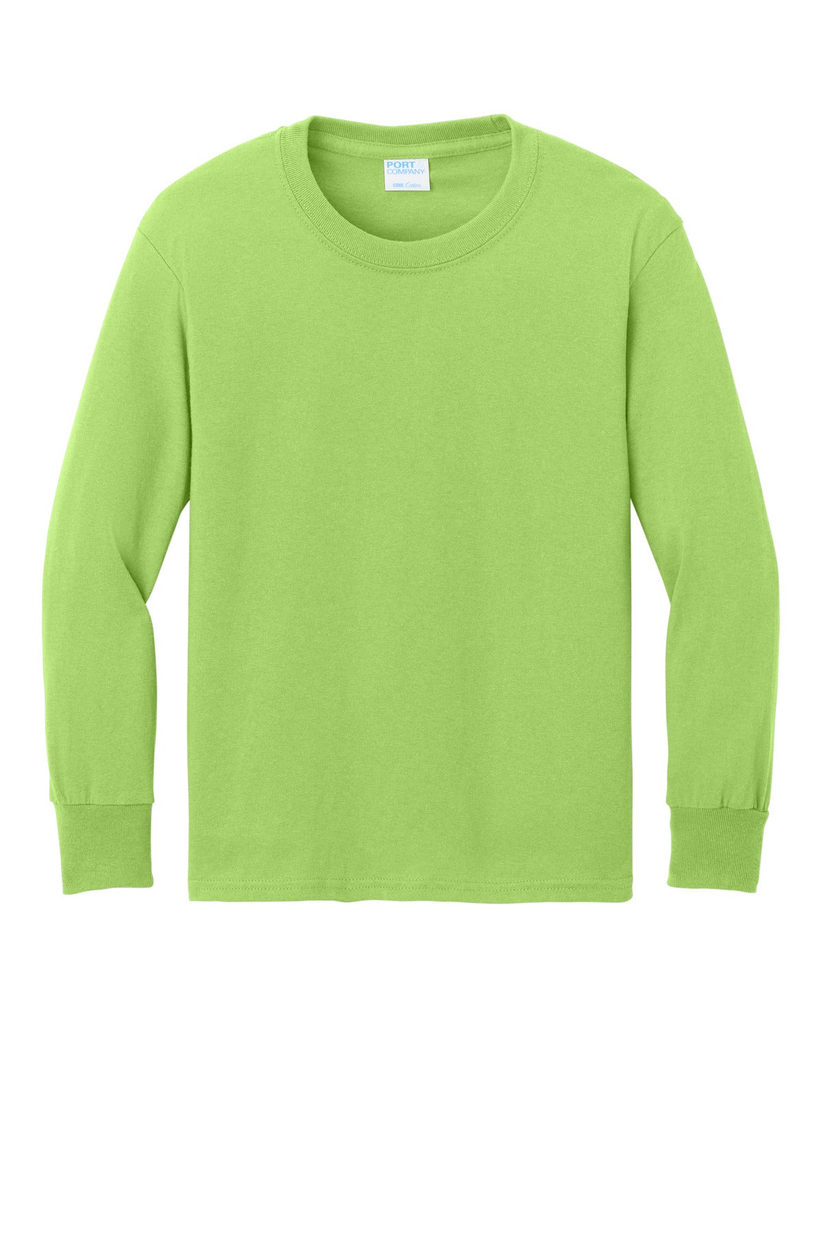 Front View of Lime Port & Company Youth Long Sleeve Core Cotton Tee. PC54YLS