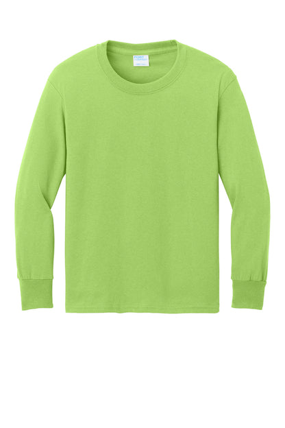 Front View of Lime Port & Company Youth Long Sleeve Core Cotton Tee. PC54YLS