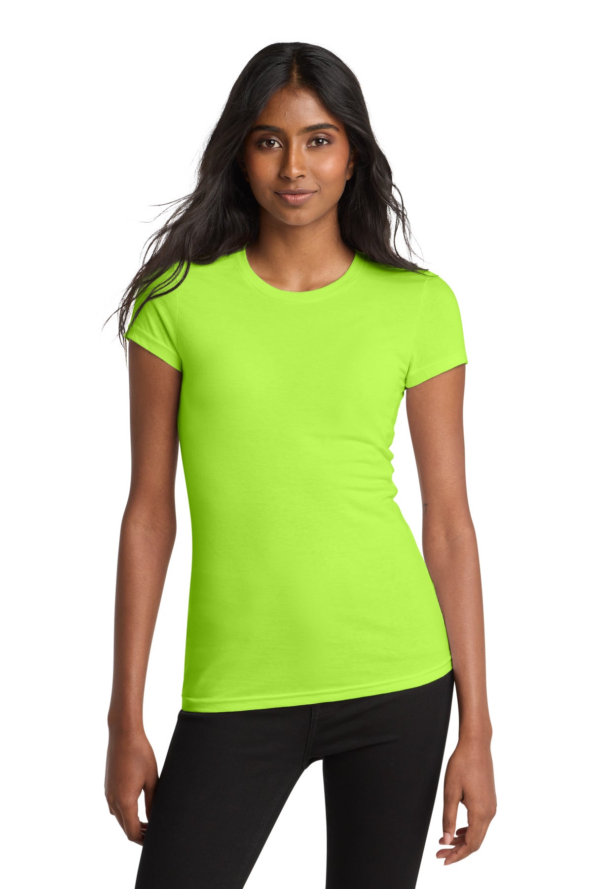 Front View of Lime Shock District Women's Fitted Very Important Tee . DT6001