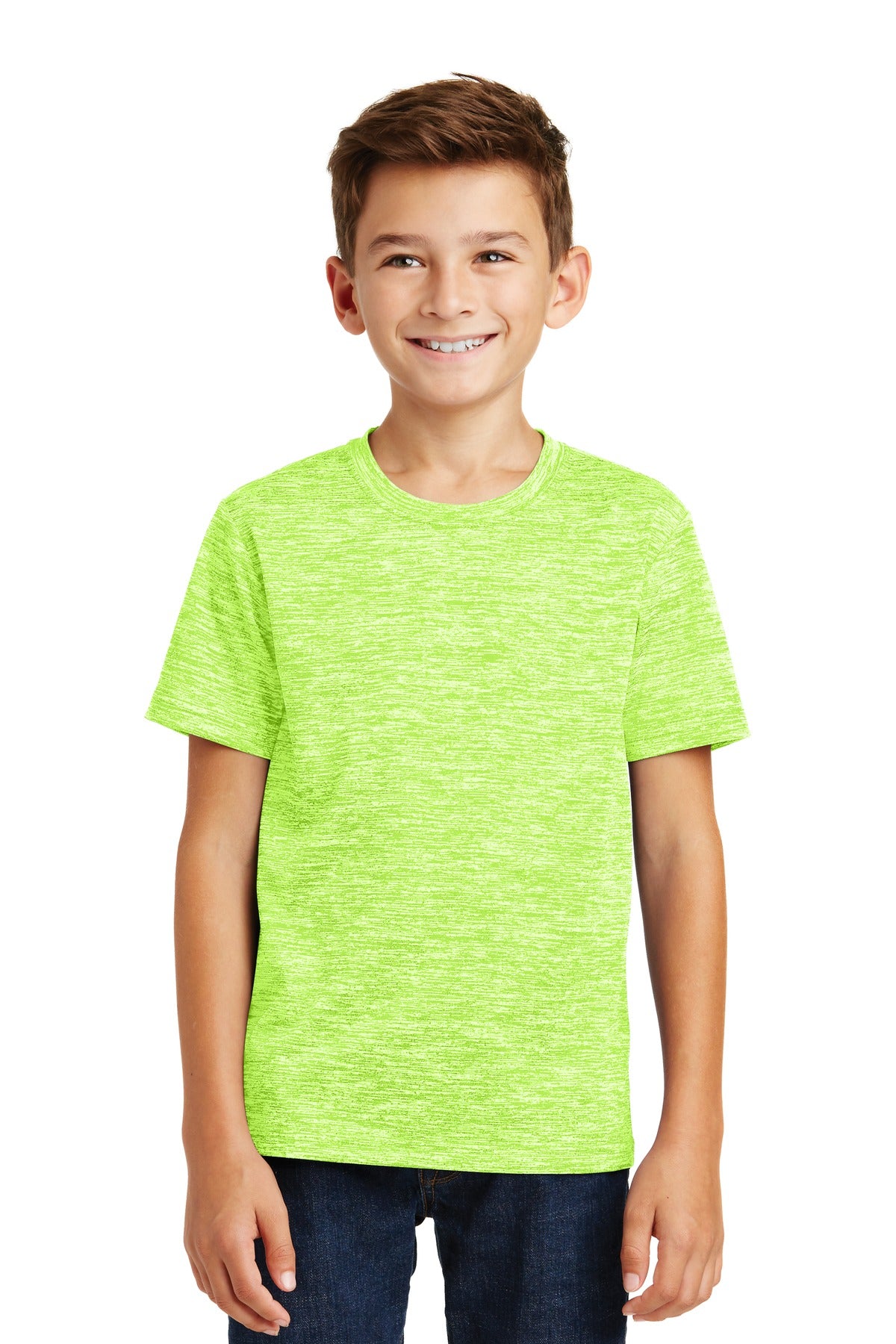 Front View of Lime Shock Ele Sport-Tek Youth PosiCharge Electric Heather Tee. YST390