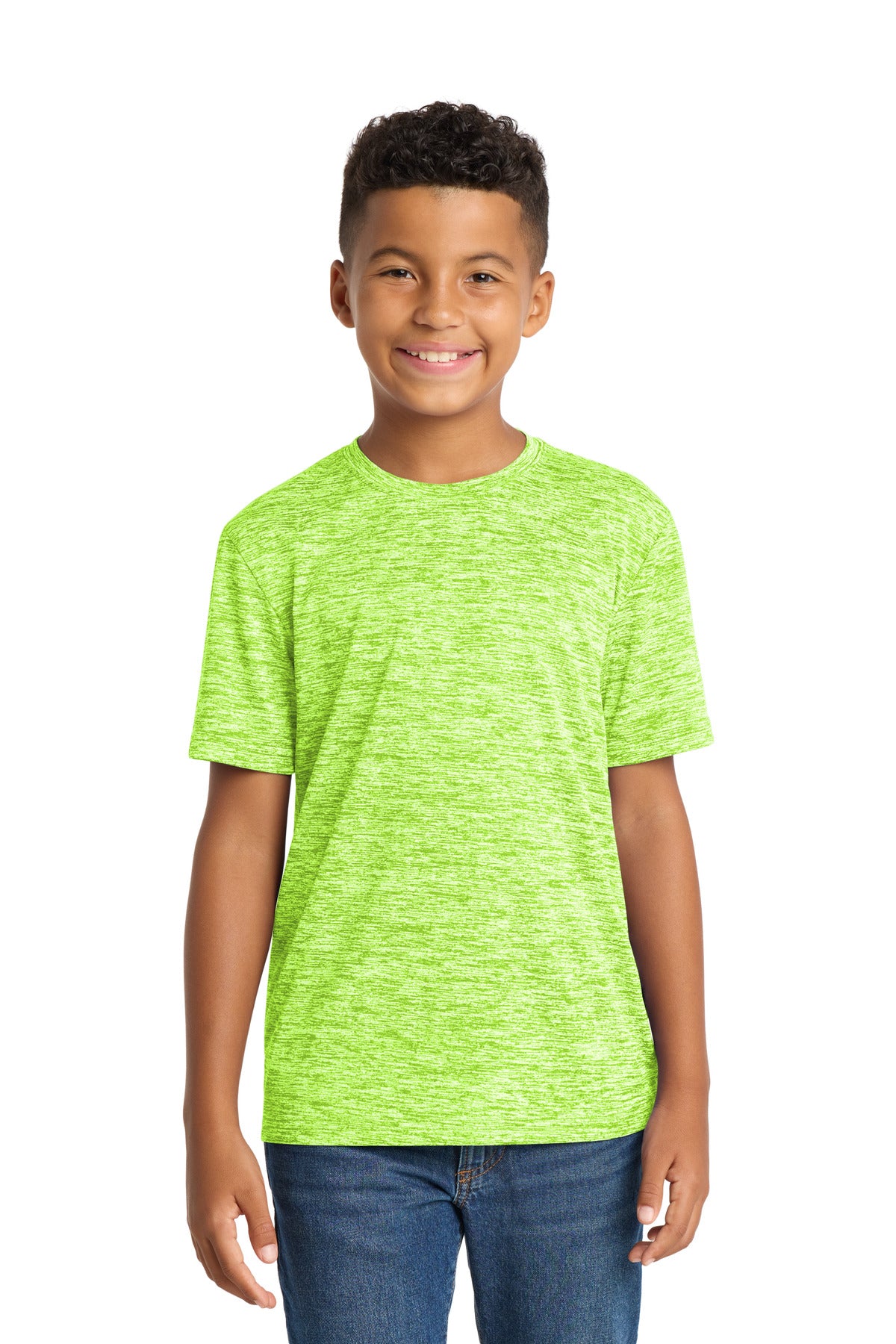 Front View of Lime Shock Ele Sport-Tek Youth PosiCharge Electric Heather Tee. YST390