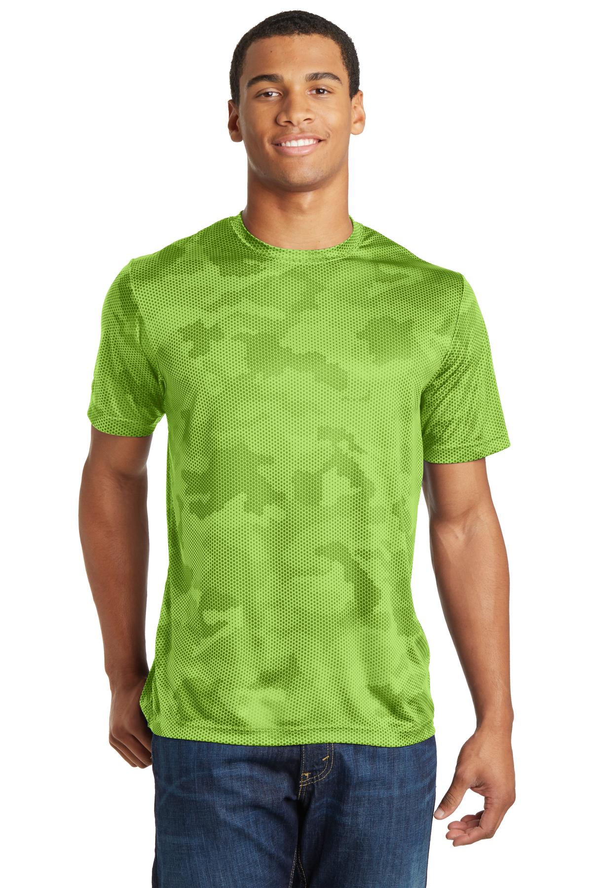 Front View of Lime Shock Sport-Tek CamoHex Tee. ST370