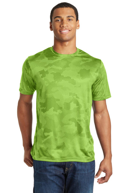 Front View of Lime Shock Sport-Tek CamoHex Tee. ST370