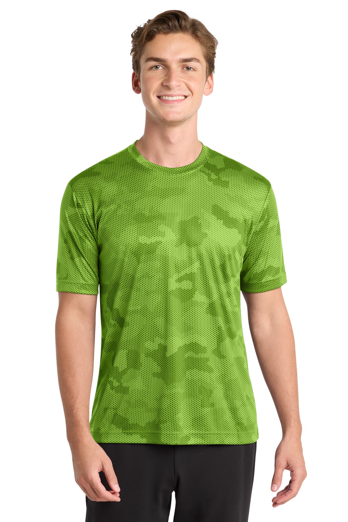 Front View of Lime Shock Sport-Tek CamoHex Tee. ST370