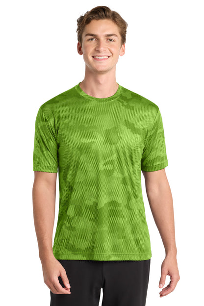 Front View of Lime Shock Sport-Tek CamoHex Tee. ST370