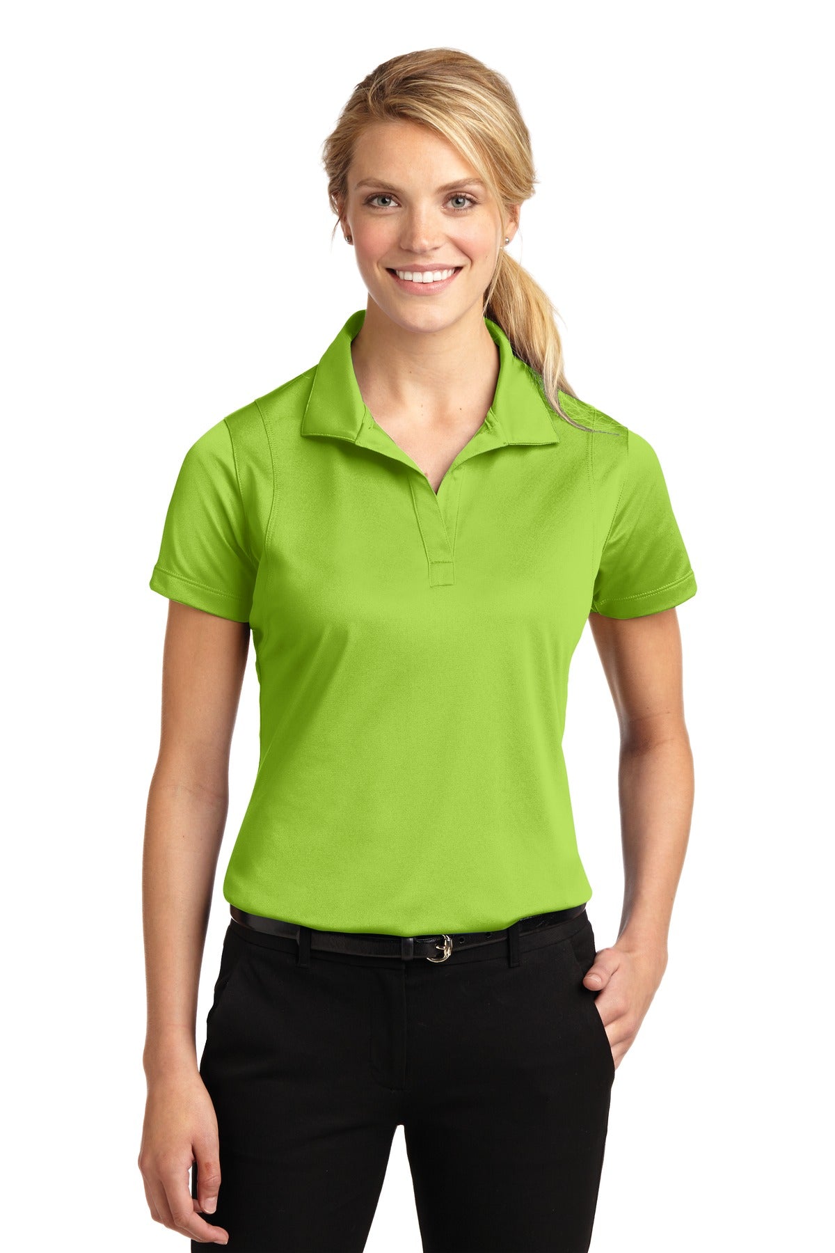 Front View of Lime Shock Sport-Tek Women's Micropique Sport-Wick Polo. LST650