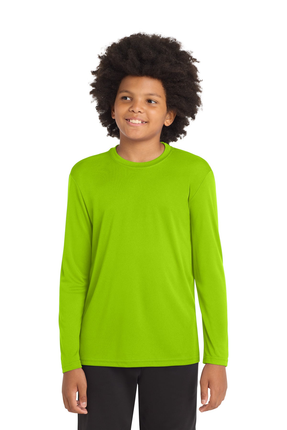 Front View of Lime Shock Sport-Tek Youth Long Sleeve PosiCharge Competitor Tee. YST350LS
