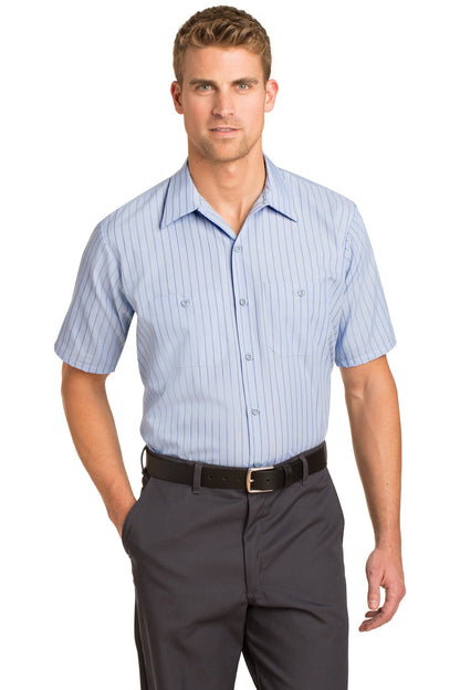 Front View of Lt Blue/Navy Red Kap Short Sleeve Striped Industrial Work Shirt. CS20
