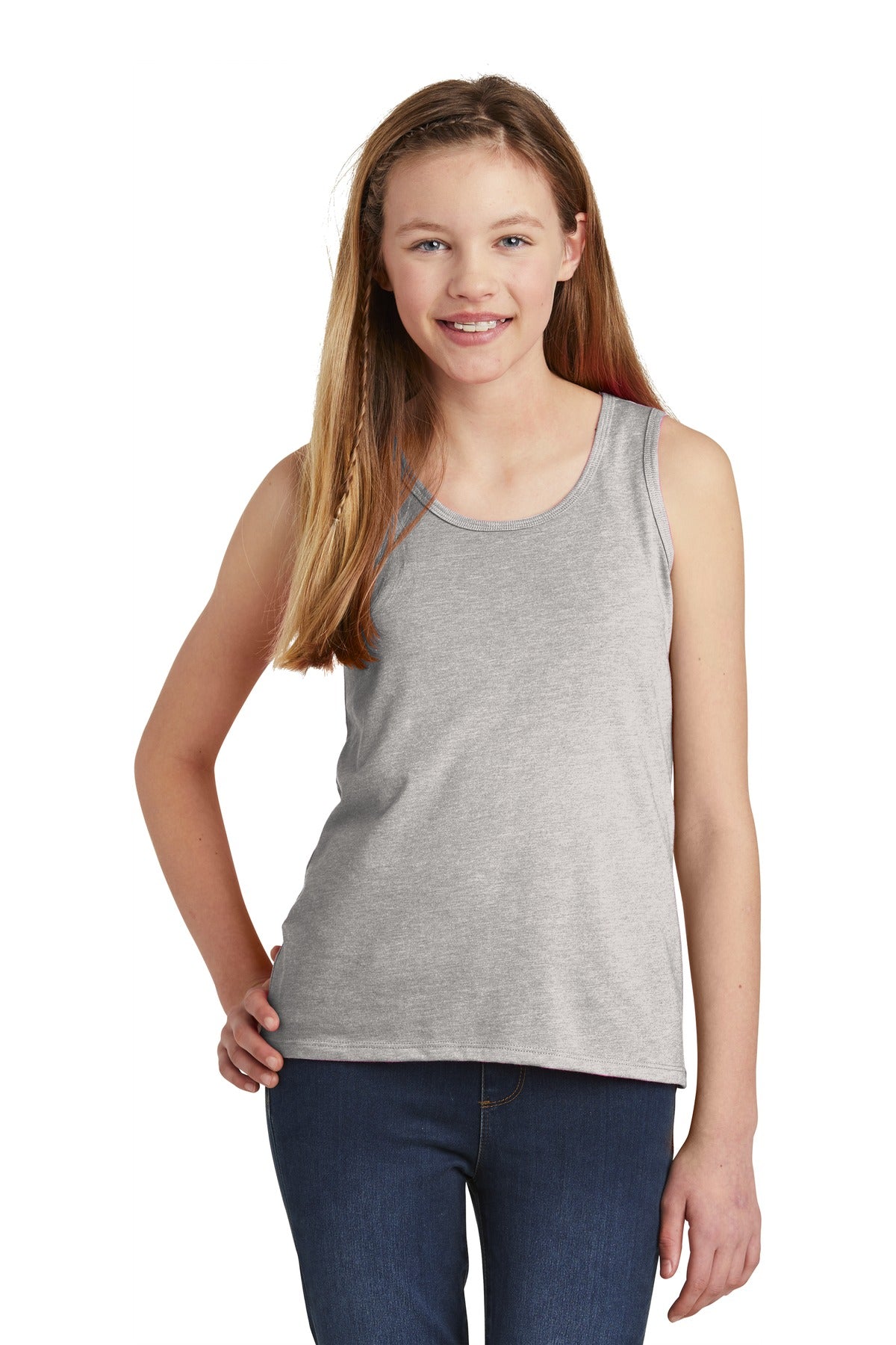 Front View of Lt Hthr Grey District Girls V.I.T. Tank DT6303YG
