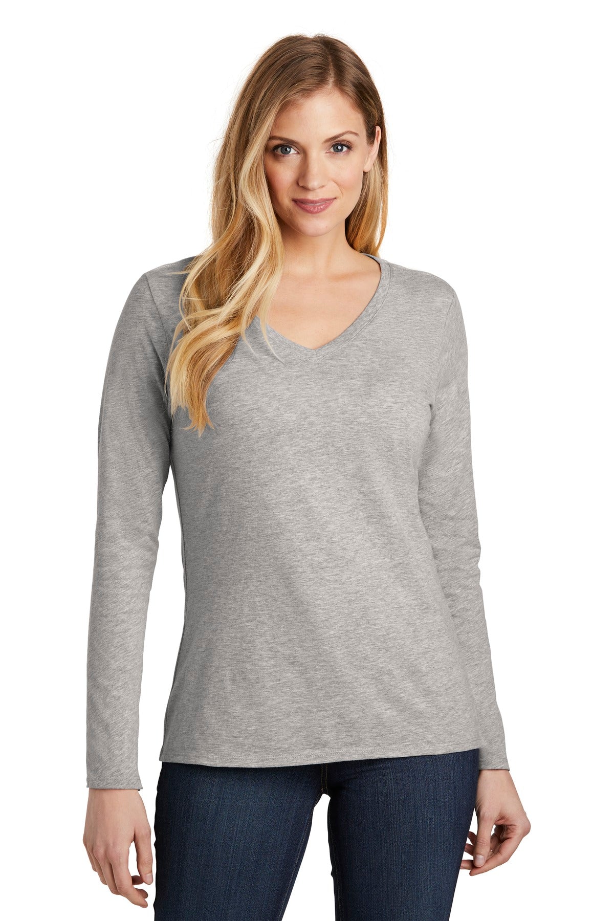Front View of Lt Hthr Grey District Women's Very Important Tee Long Sleeve V-Neck. DT6201