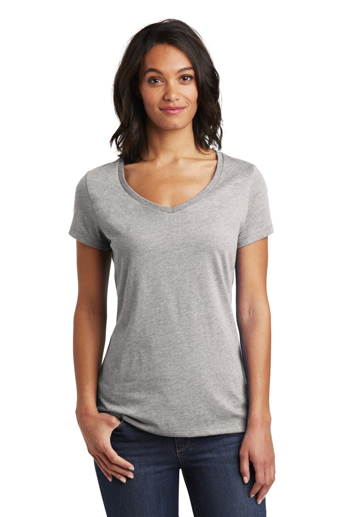 Front View of Lt Hthr Grey District Women's Very Important Tee V-Neck. DT6503