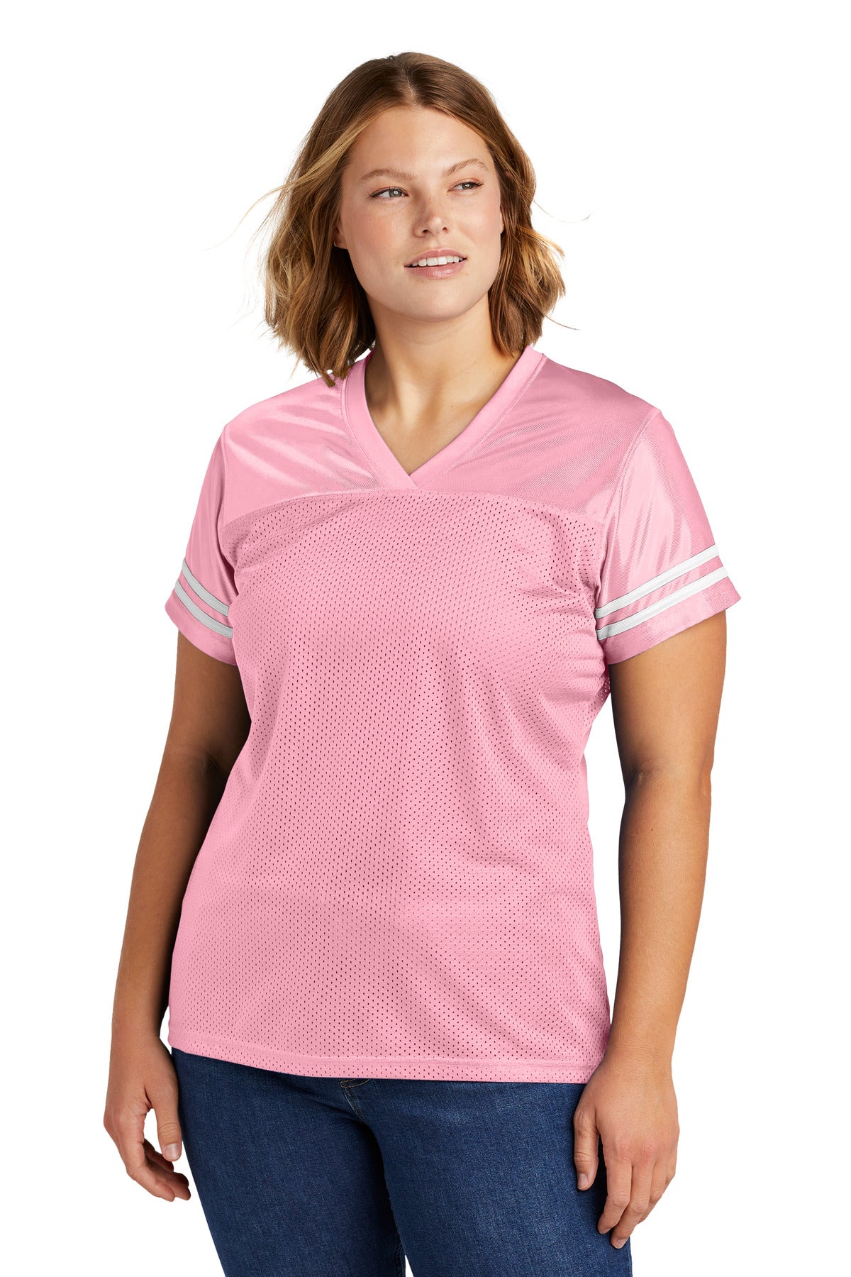 Front View of Lt Pink/White Sport-Tek Women's PosiCharge Replica Jersey. LST307