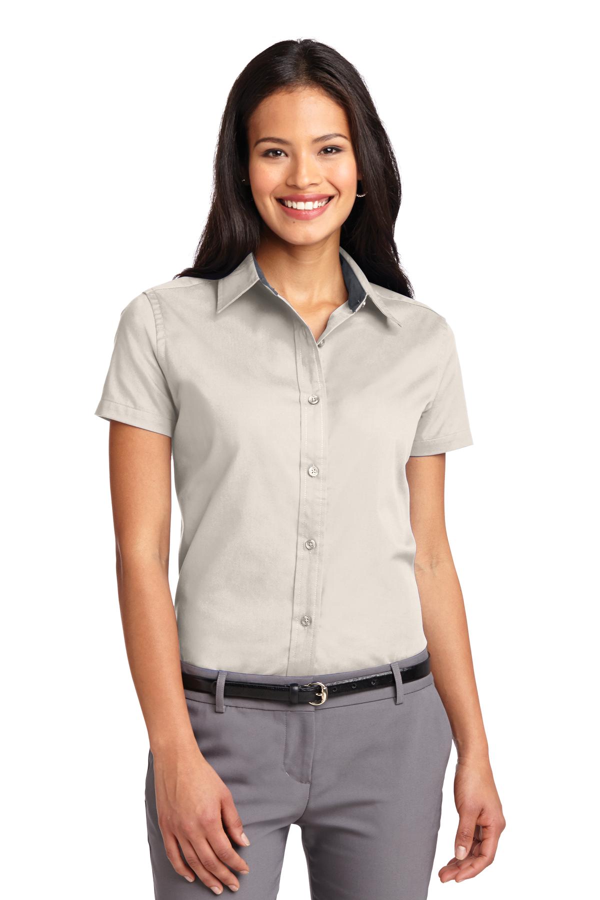 Front View of Lt Stone/Cl Ny Port Authority Women's Short Sleeve Easy Care Shirt. L508
