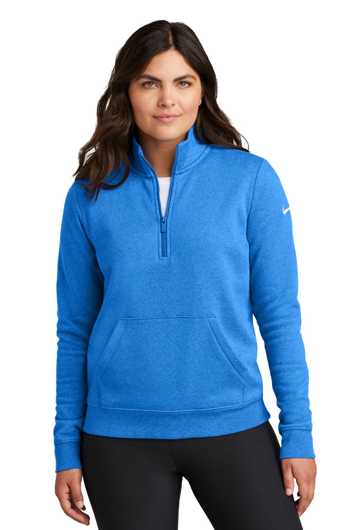 Front View of LtGameRyHt Nike Women's Club Fleece Sleeve Swoosh 1/2-Zip NKDX6720