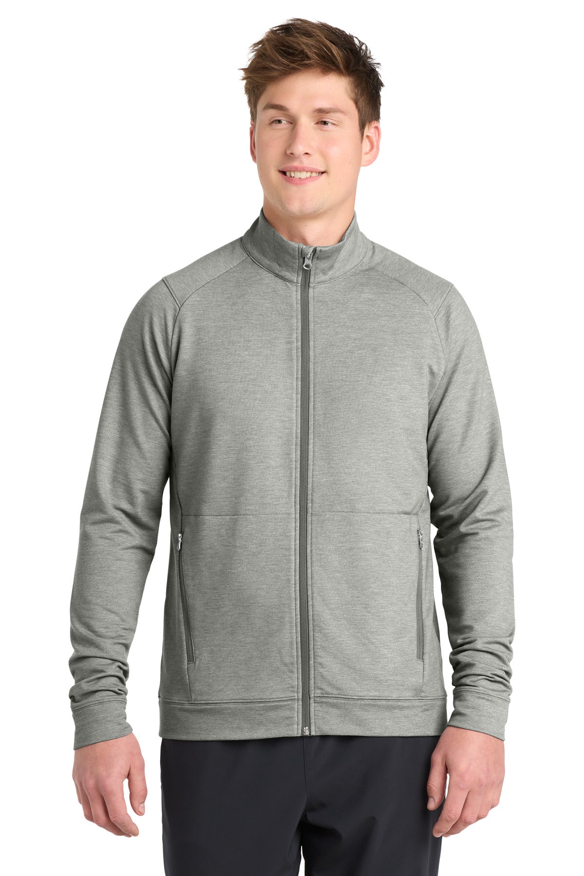 Front View of LtGreyHt Sport-Tek Sport-Wick Flex Fleece Full-Zip. ST560