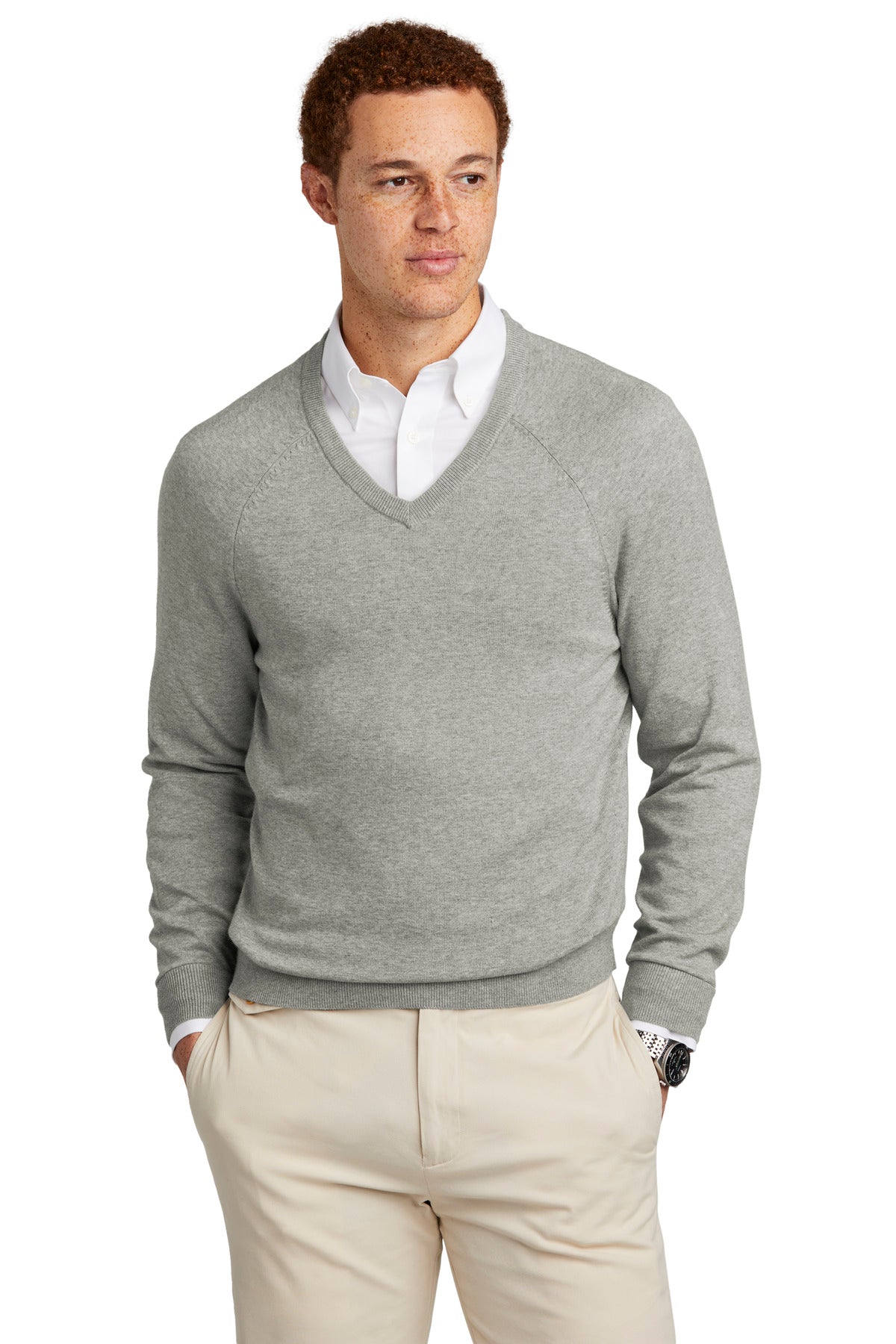 Front View of LtShdGyHtr Brooks Brothers Cotton Stretch V-Neck Sweater BB18400