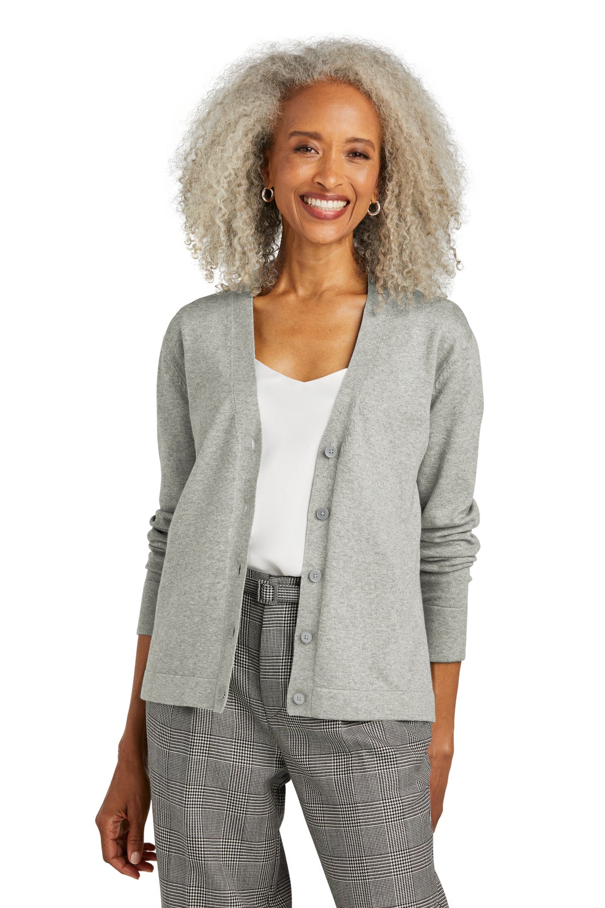 Front View of LtShdGyHtr Brooks Brothers Women's Cotton Stretch Cardigan Sweater BB18405