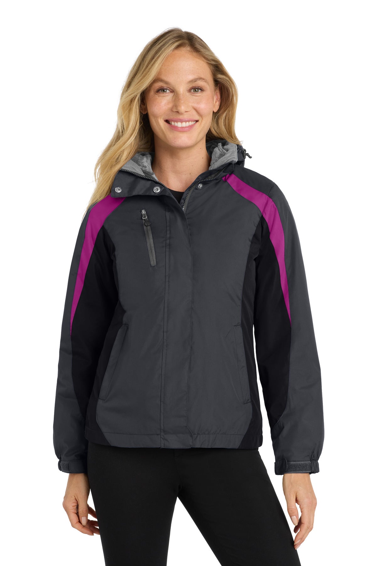 Front View of Mag Gy/Blk/Bry Port Authority Women's Colorblock 3-in-1 Jacket. L321
