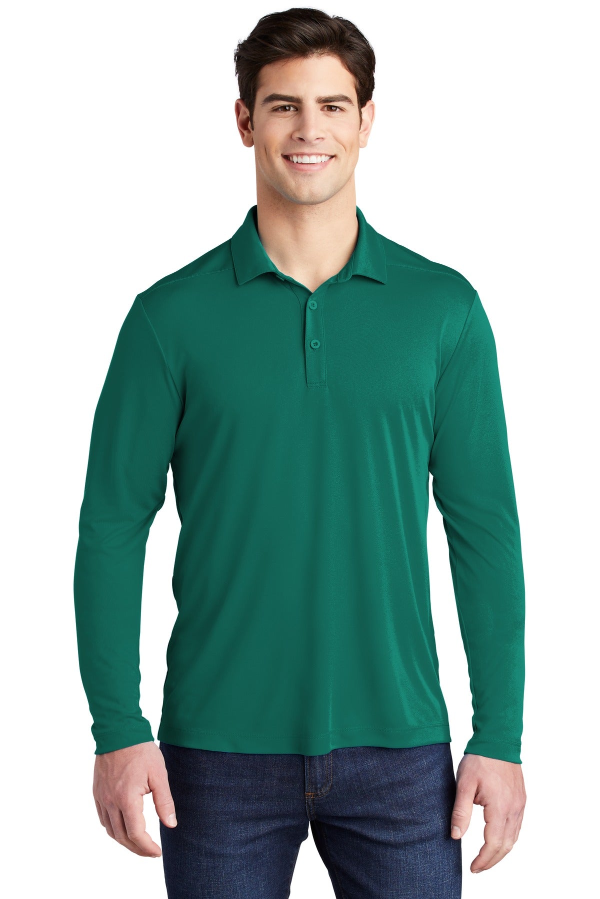 Front View of Marine Green Sport-Tek Posi-UV Pro Long Sleeve Polo. ST520LS