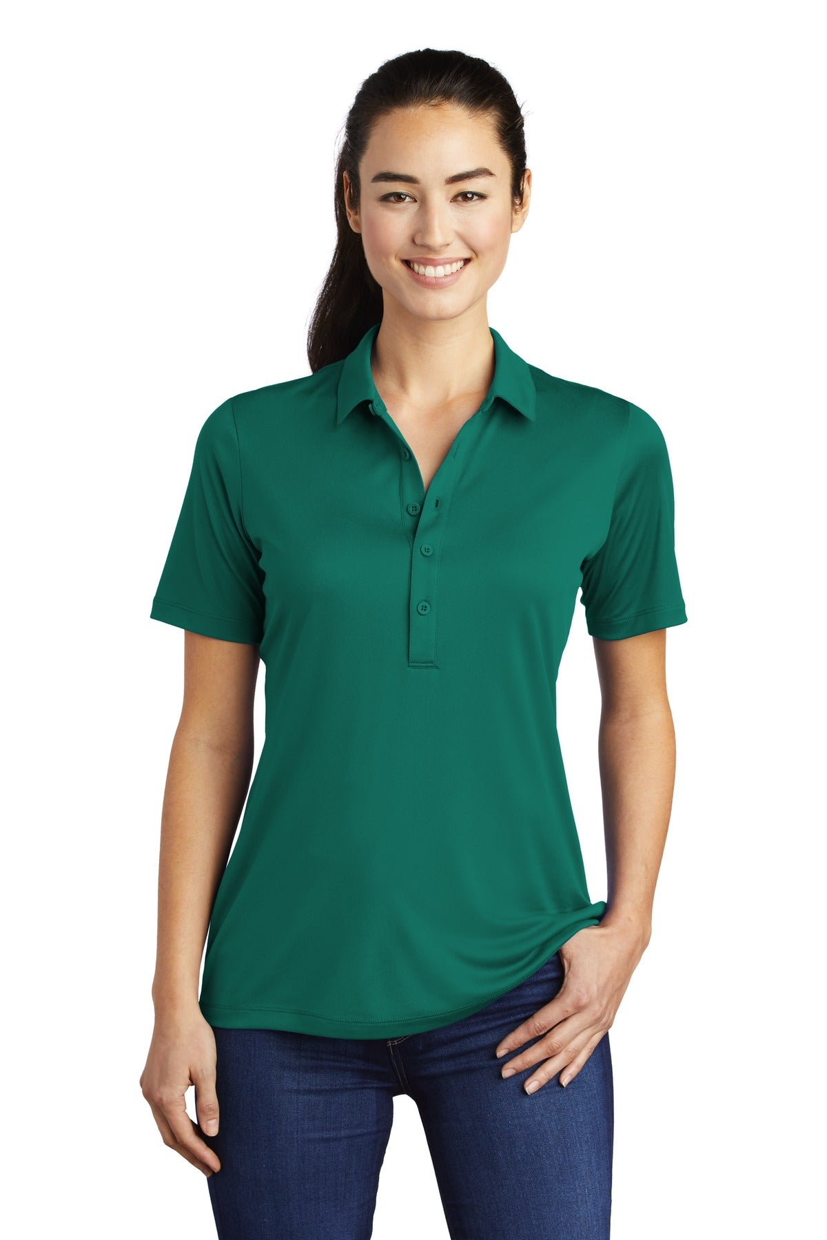 Front View of Marine Green Sport-Tek Women's Posi-UV Pro Polo. LST520