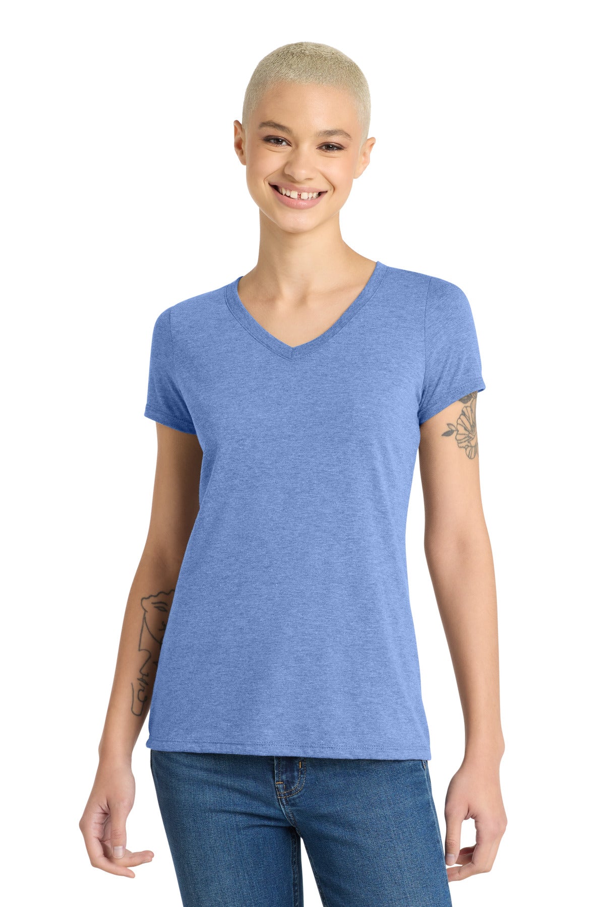 Front View of Maritime Frost District Women's Perfect Tri V-Neck Tee. DM1350L