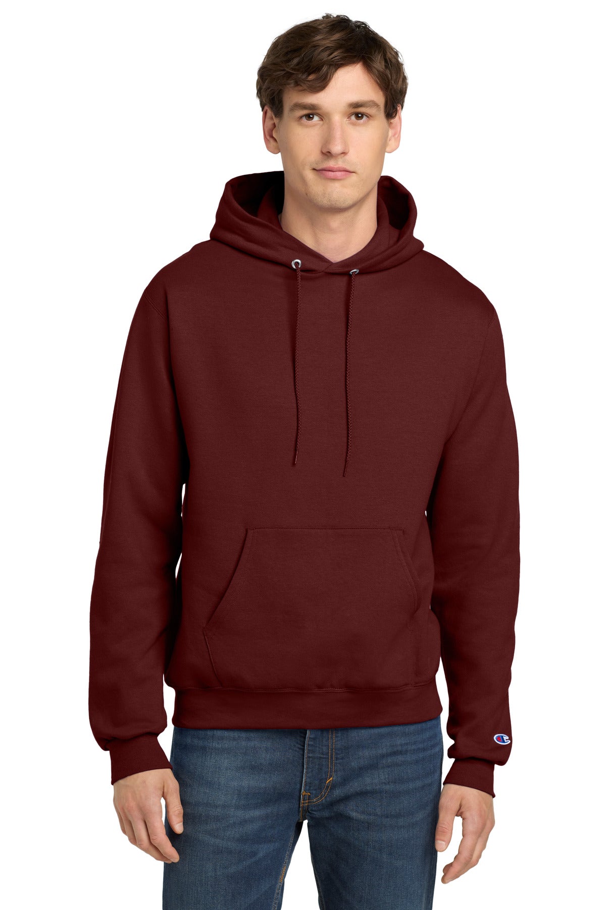 Front View of Maroon Champion Powerblend Pullover Hoodie. S700