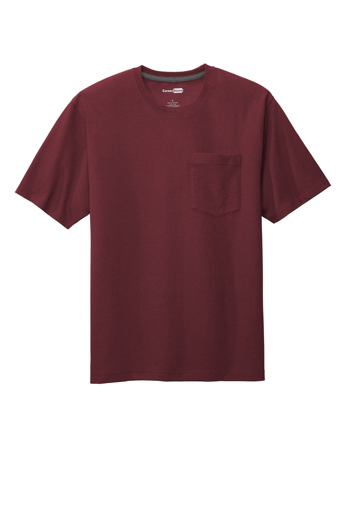 Front View of Maroon CornerStone Workwear Pocket Tee CS430