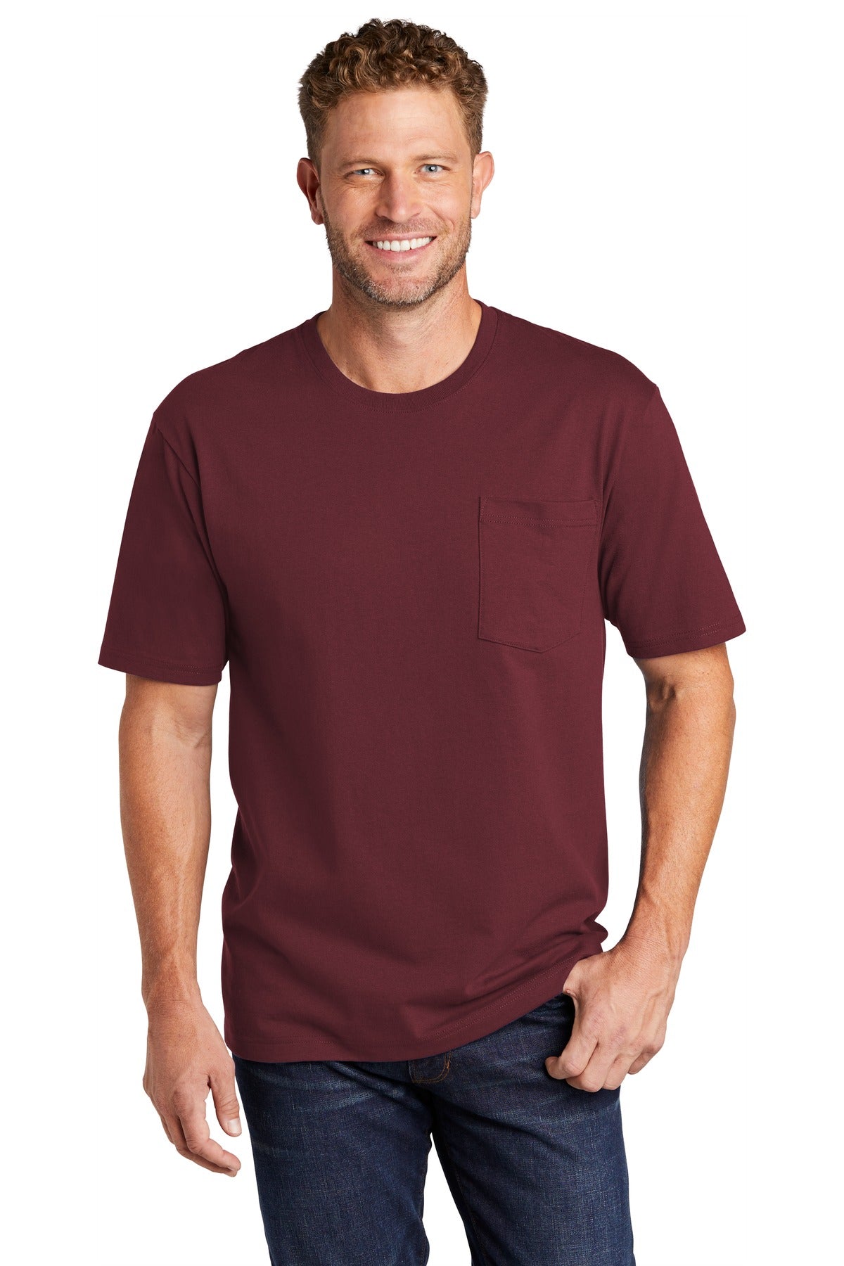 Front View of Maroon CornerStone Workwear Pocket Tee CS430