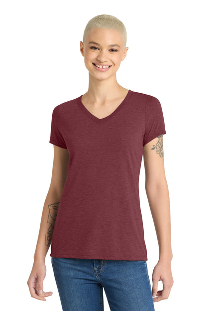 Front View of Maroon Frost District Women's Perfect Tri V-Neck Tee. DM1350L