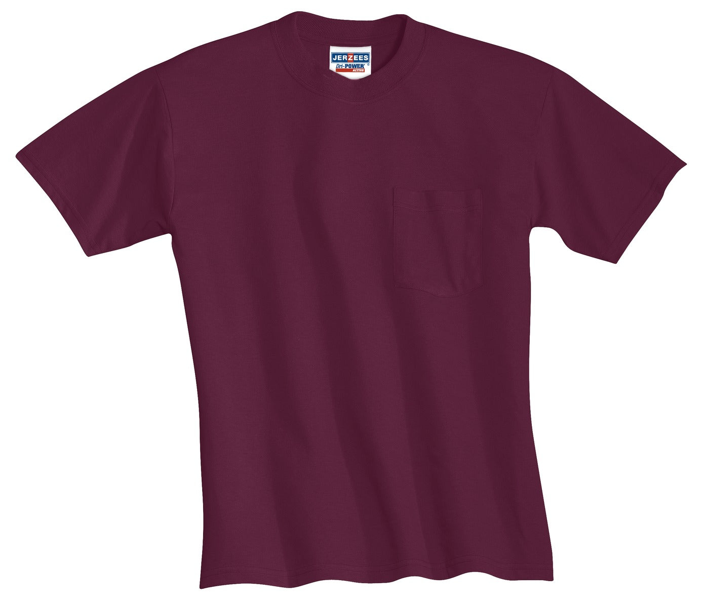 Front View of Maroon Jerzees - Dri-Power 50/50 Cotton/Poly Pocket T-Shirt. 29MP
