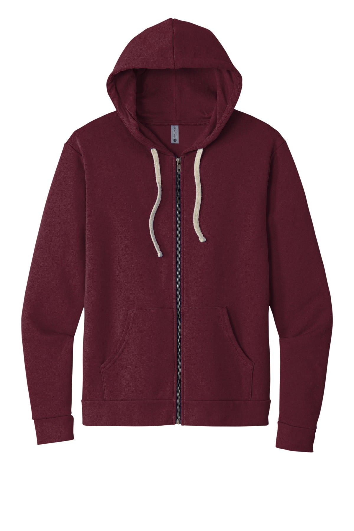 Front View of Maroon Next Level Apparel Adult Santa Barbara Zip Hoodie. NL9602