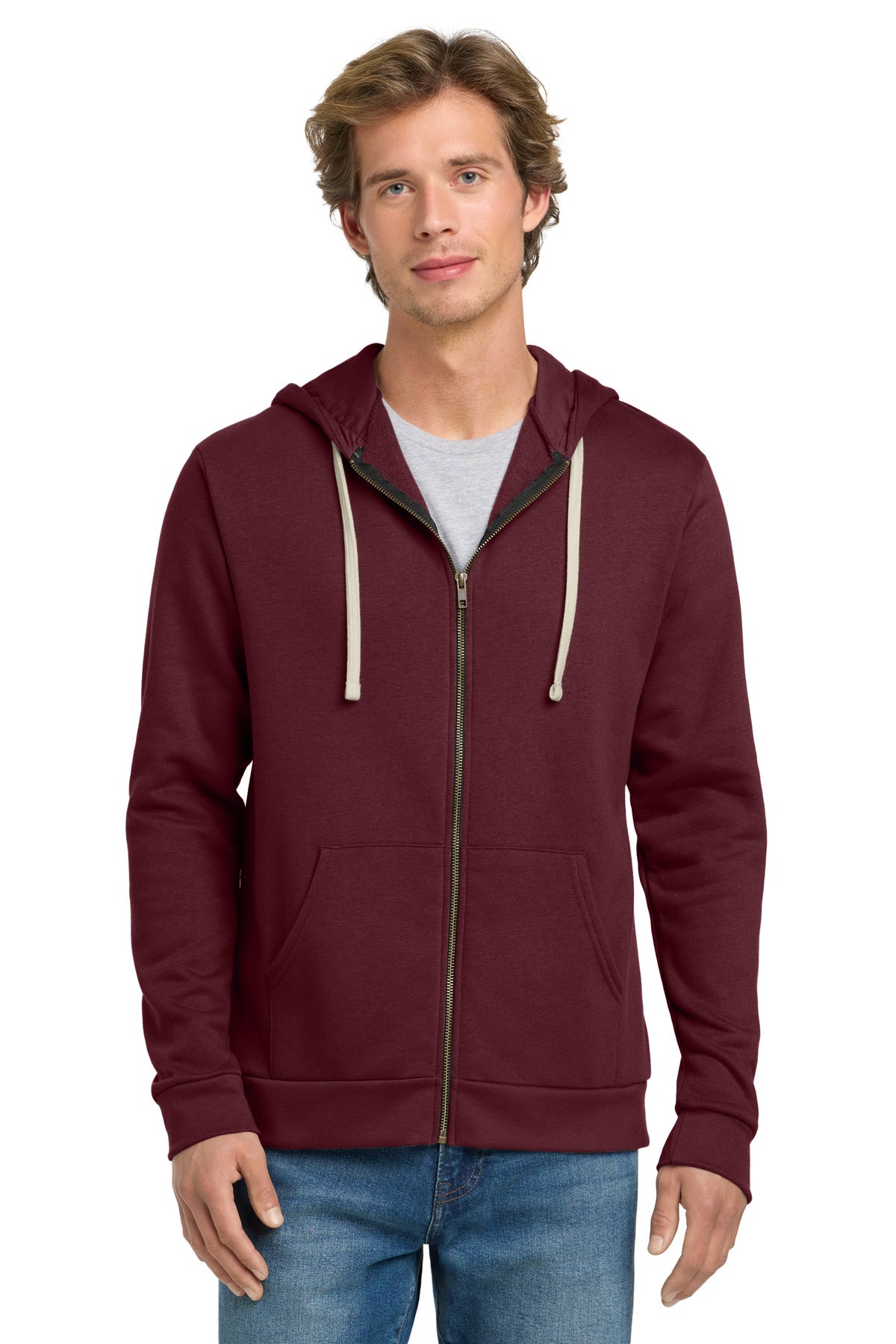 Front View of Maroon Next Level Apparel Adult Santa Barbara Zip Hoodie. NL9602
