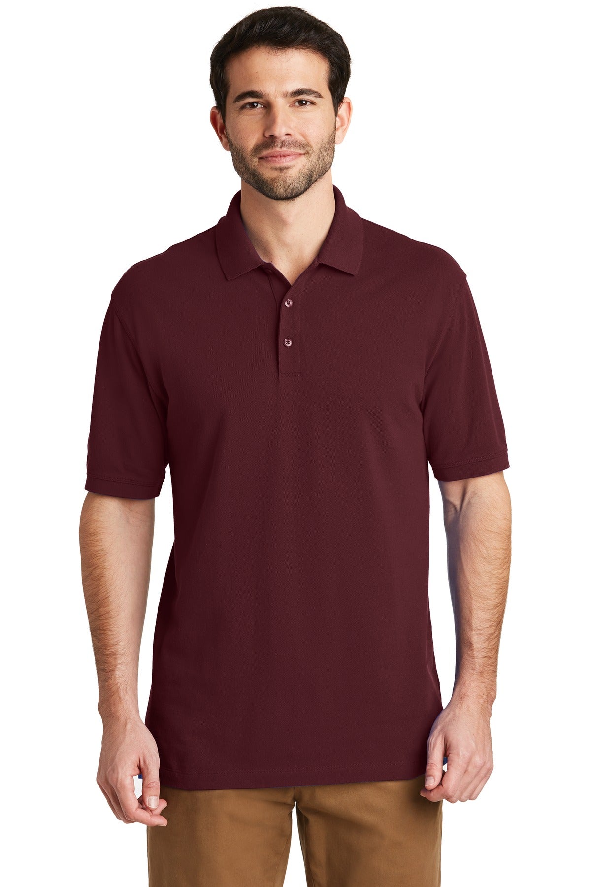 Front View of Maroon Port Authority EZCotton Polo. K8000